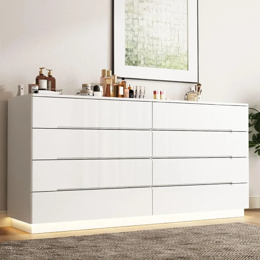 High Gloss Dresser with Lights,Modern Glossy Dresser, Chest of Drawers 8 Drawer Dresser, Contemporary Dressers for Bedroom White