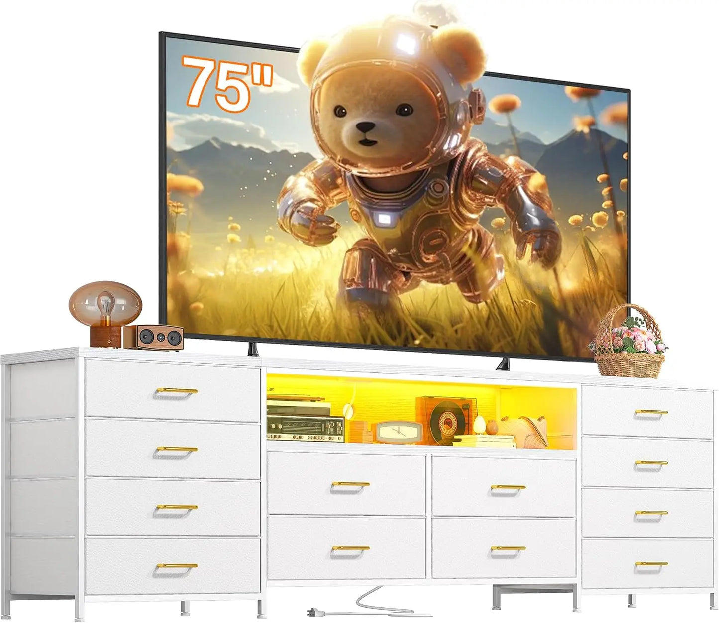 75 Inch TV 63" W Dresser TV Stand for Bedroom with LED Lights & Power Outlets & 12 Drawers Dresser