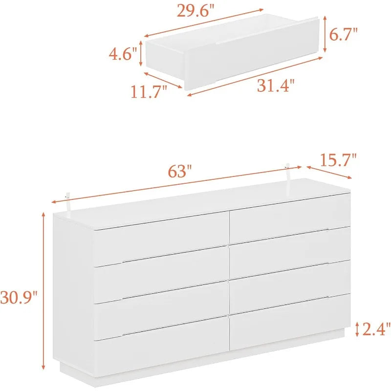 White 8 Drawer Dresser with LED Light