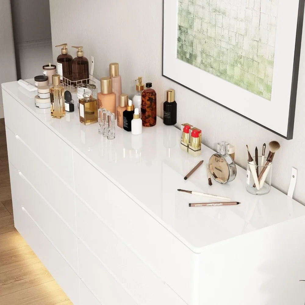 High Gloss Dresser with Lights,Modern Glossy Dresser, Chest of Drawers 8 Drawer Dresser, Contemporary Dressers for Bedroom White
