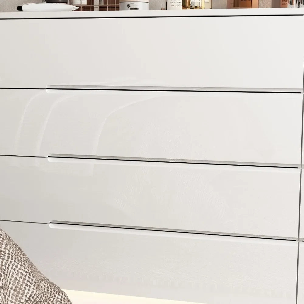 High Gloss Dresser with Lights,Modern Glossy Dresser, Chest of Drawers 8 Drawer Dresser, Contemporary Dressers for Bedroom White