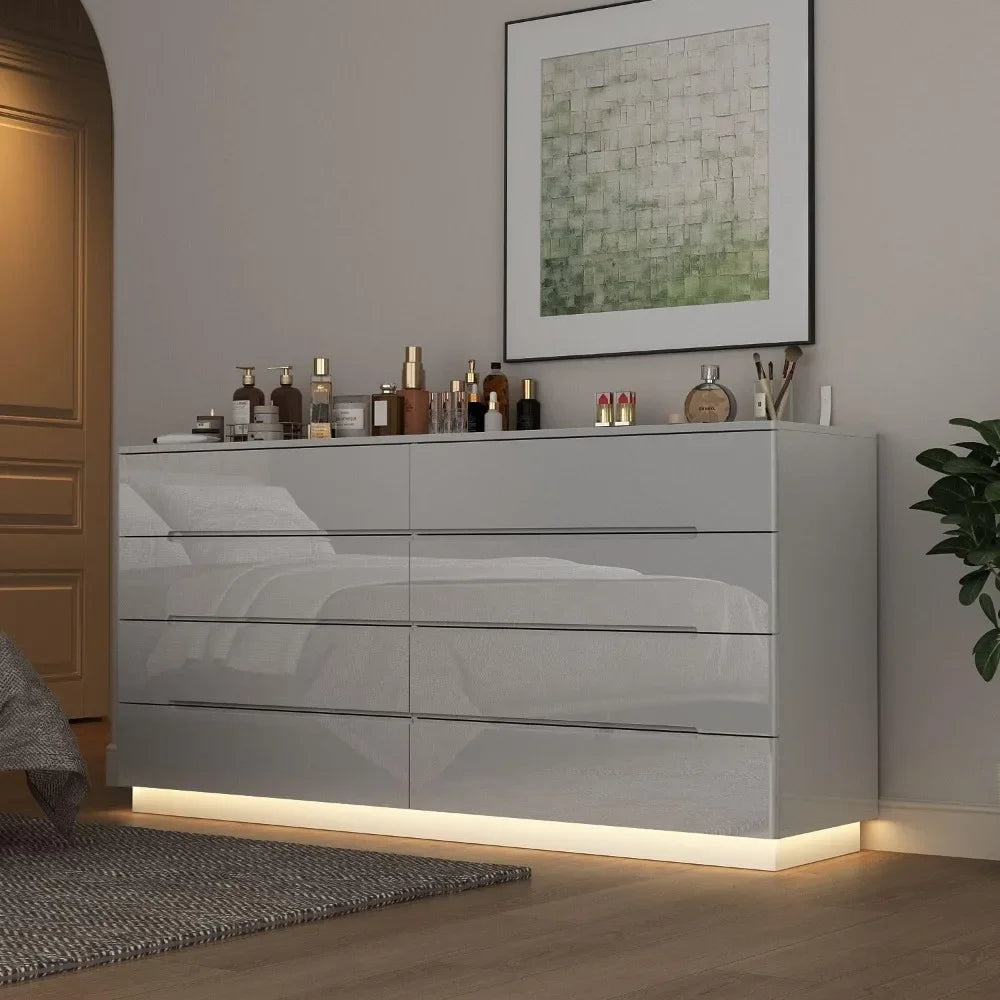 High Gloss Dresser with Lights,Modern Glossy Dresser, Chest of Drawers 8 Drawer Dresser, Contemporary Dressers for Bedroom White