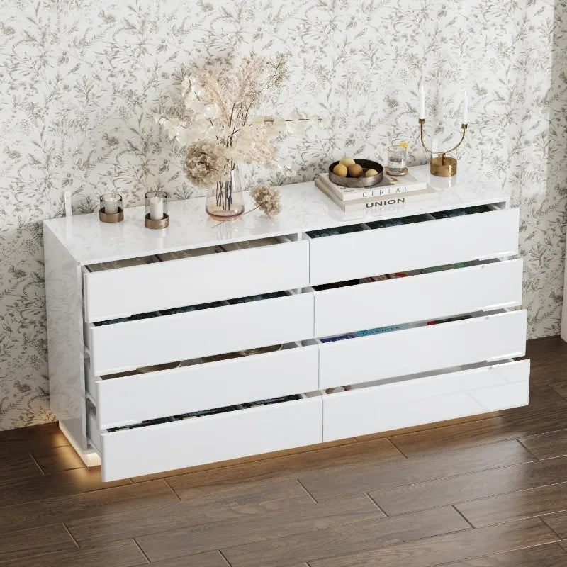 White 8 Drawer Dresser with LED Light