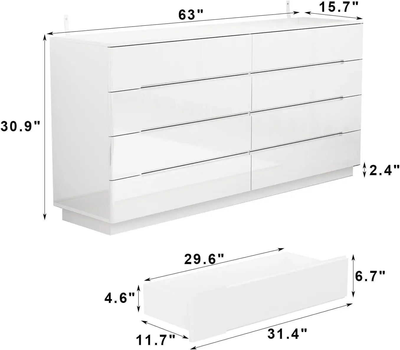 High Gloss Dresser with Lights,Modern Glossy Dresser, Chest of Drawers 8 Drawer Dresser, Contemporary Dressers for Bedroom White