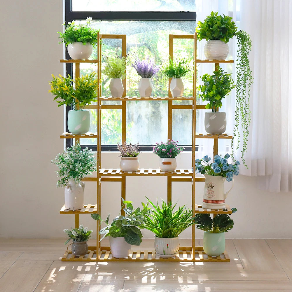 9 Tier Bamboo 17 Potted Plant Stand Rack Multiple Flowerpot Holder Shelf Indoor Outdoor Planter Display Shelving Unit for Patio