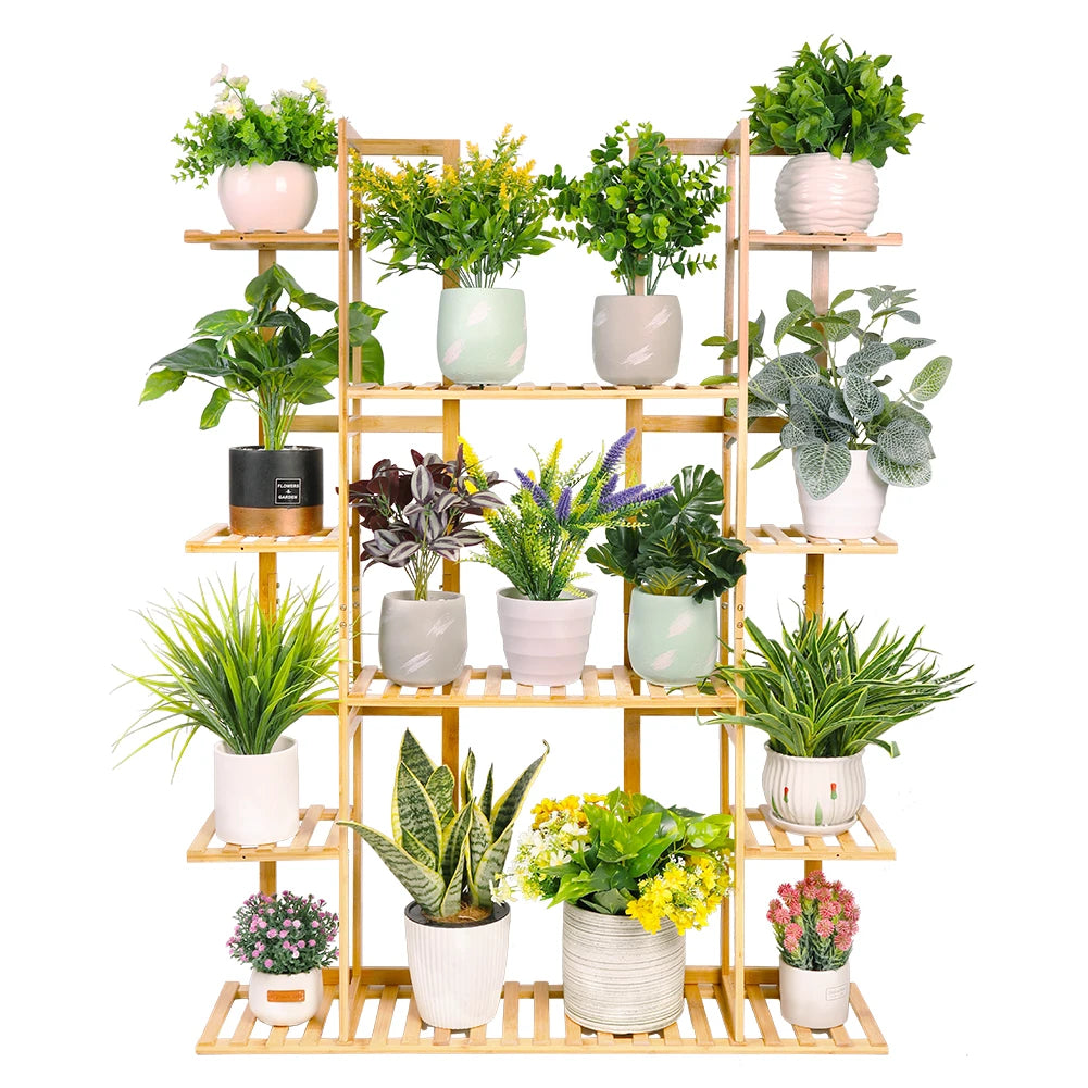 9 Tier Bamboo 17 Potted Plant Stand Rack Multiple Flowerpot Holder Shelf Indoor Outdoor Planter Display Shelving Unit for Patio