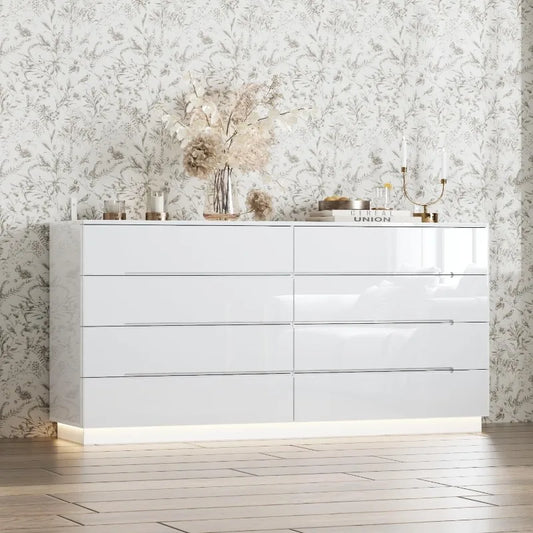 White 8 Drawer Dresser with LED Light