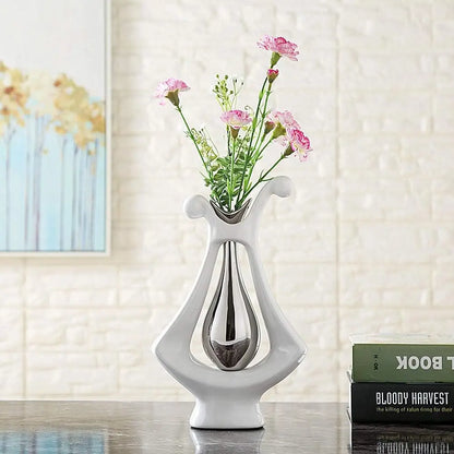 Anding Ceramic Vase Statue Silver Vase White Home Decoration Pottery Decorative Sculpture Dried Flower (Silver Wndinghite