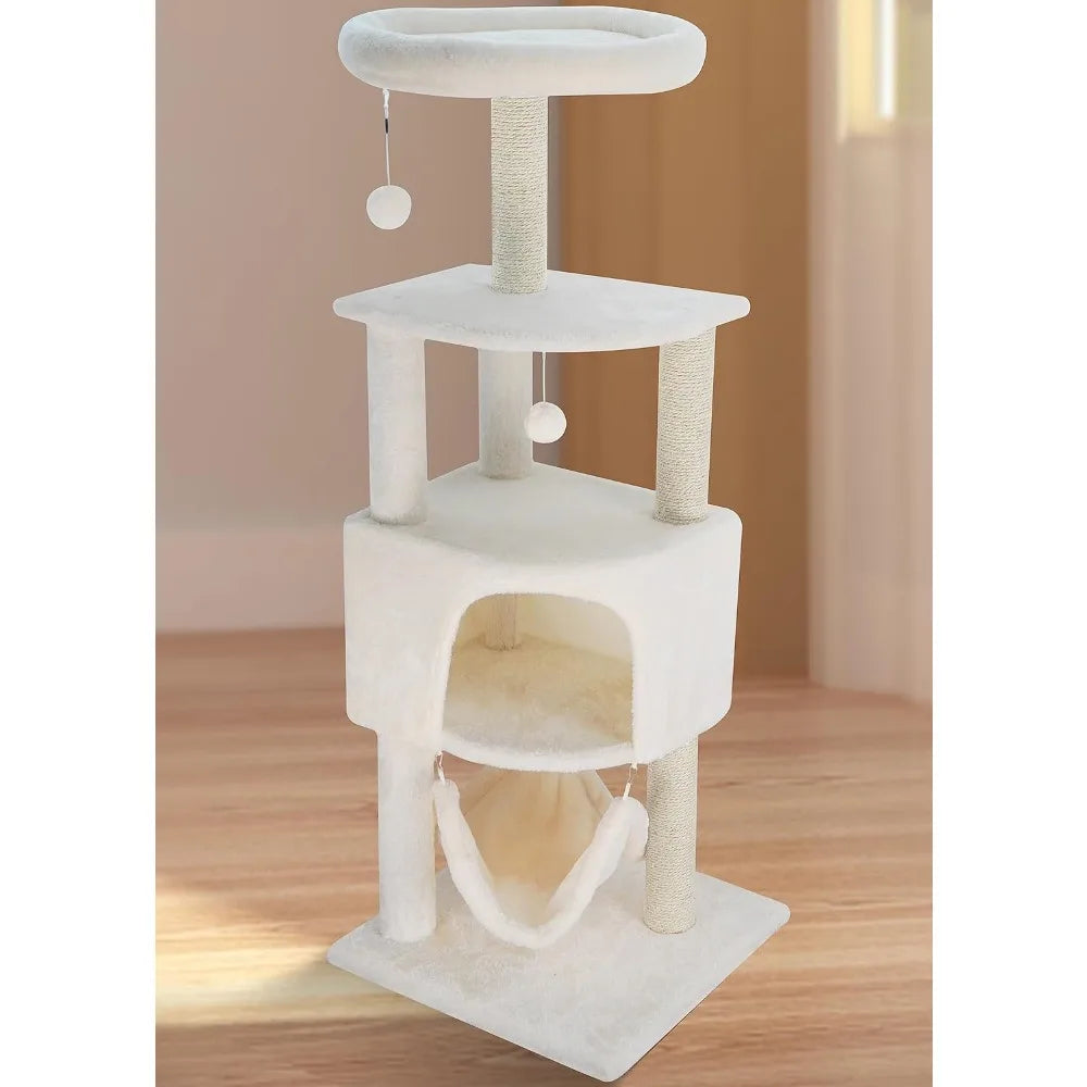 45in Cat Tree Tower for Indoor Cats with Scratching Post and Hanging Bed,Multi-Level Cat Furniture Activity Center Beige