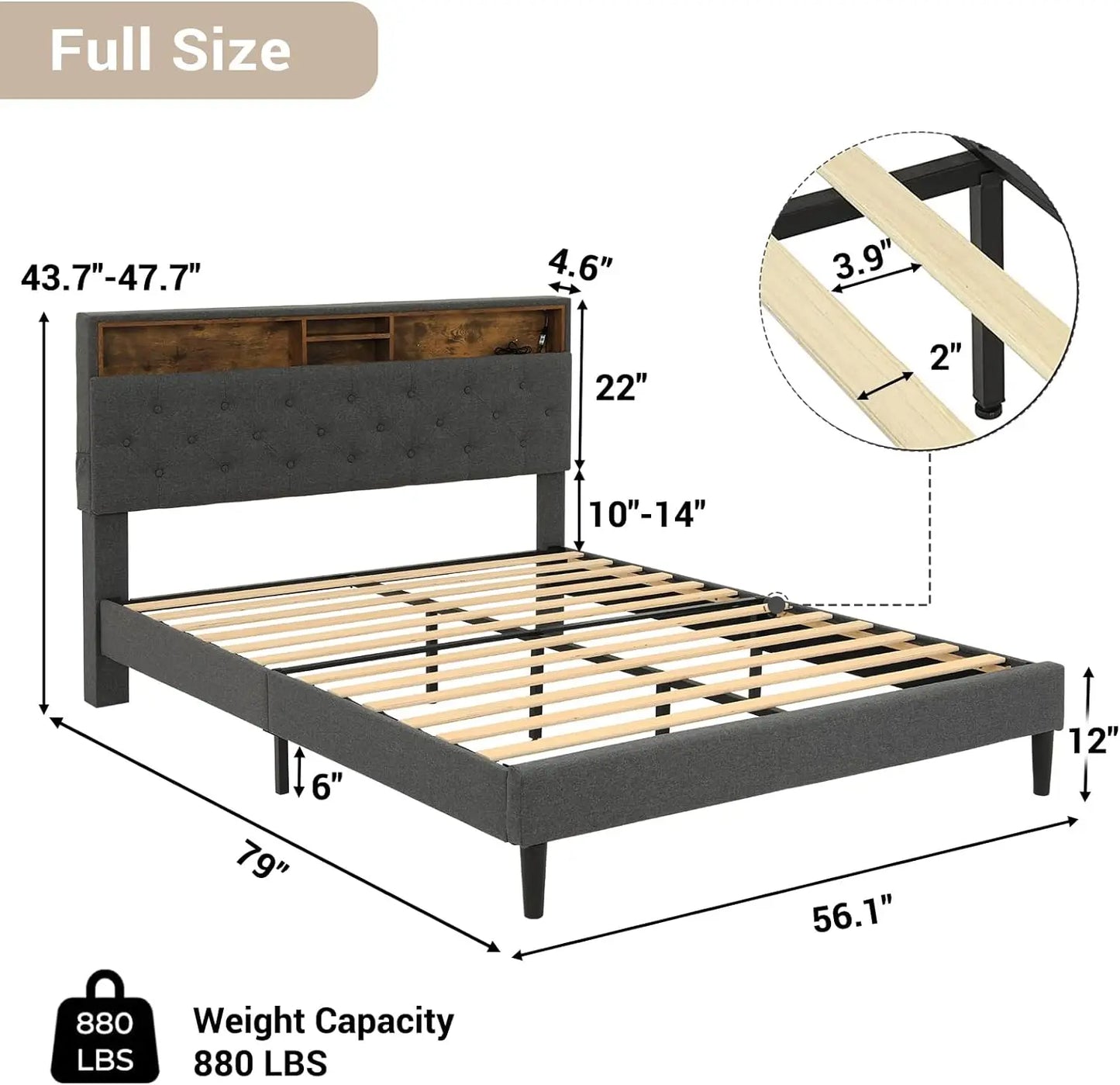 Full and Queen Bed Frames with Charging Station,