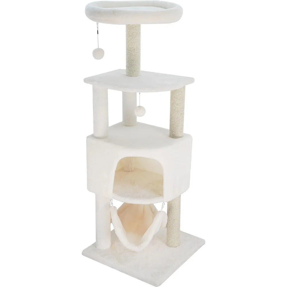 45in Cat Tree Tower for Indoor Cats with Scratching Post and Hanging Bed,Multi-Level Cat Furniture Activity Center Beige