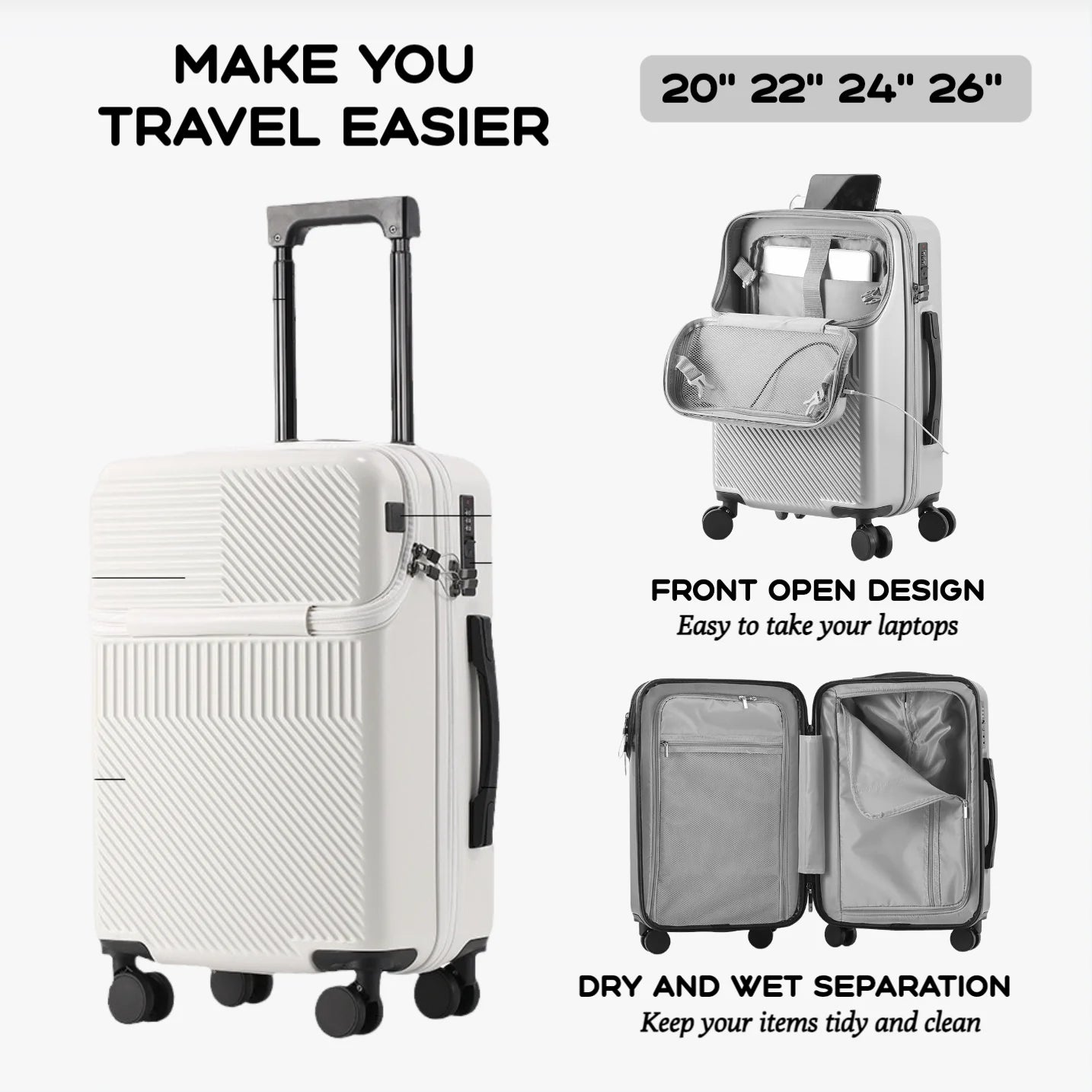 2024 New Durable  Large Capacity Luggage Sets Suitcase Front Open USB Charging Men Carry-On Travel 20/22/24/26