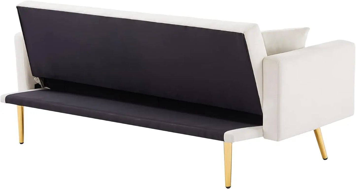 Convertible Velvet Futon Sofa Bed,Sleeper Sofa Couch with Two Pillows and Golden Metal Legs for Living Room