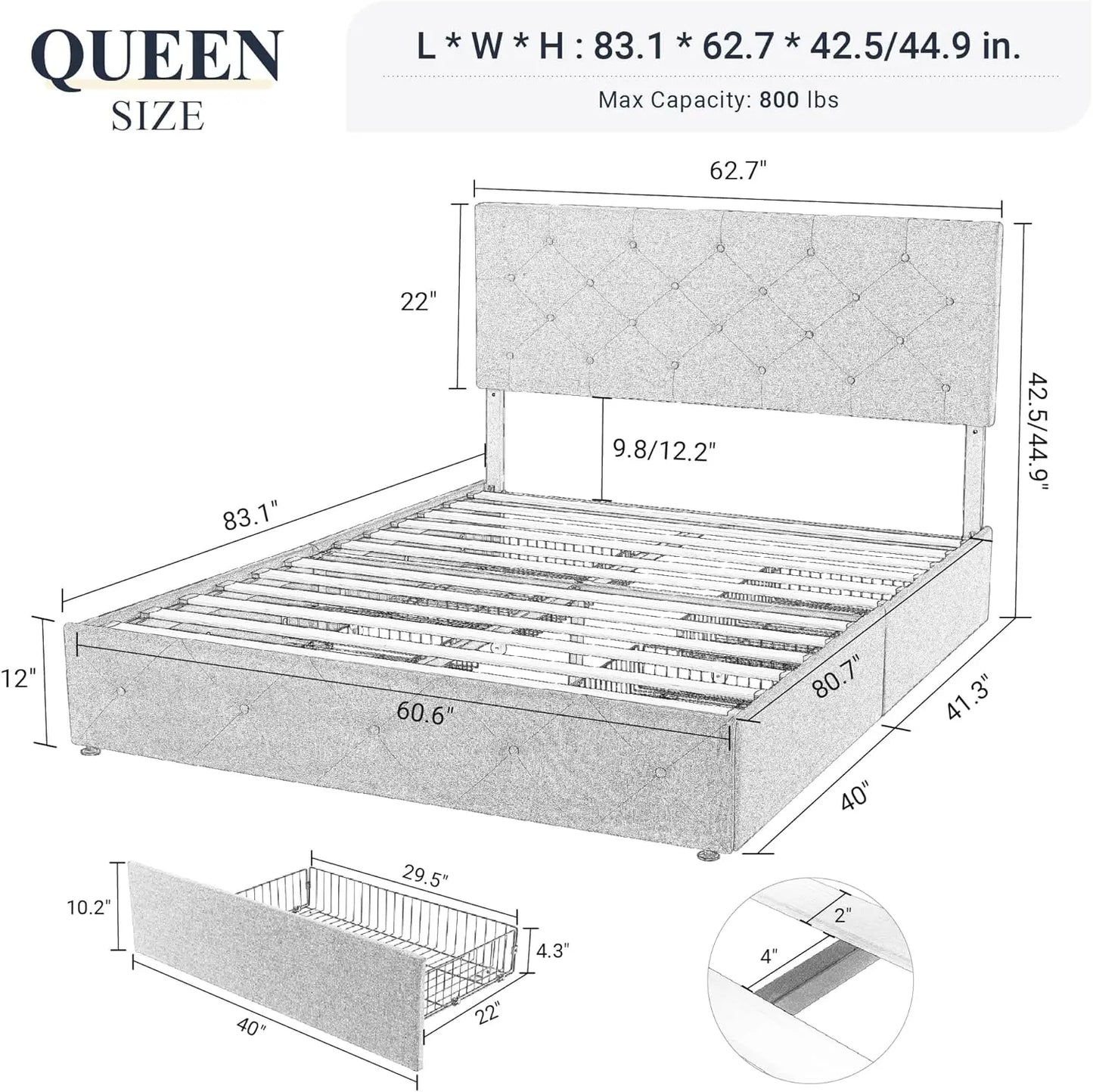 Allewie-Upholstered Queen Size Platform Bed Frame, 4 Storage Drawers and Headboard, Diamond Stitched Button Tufted