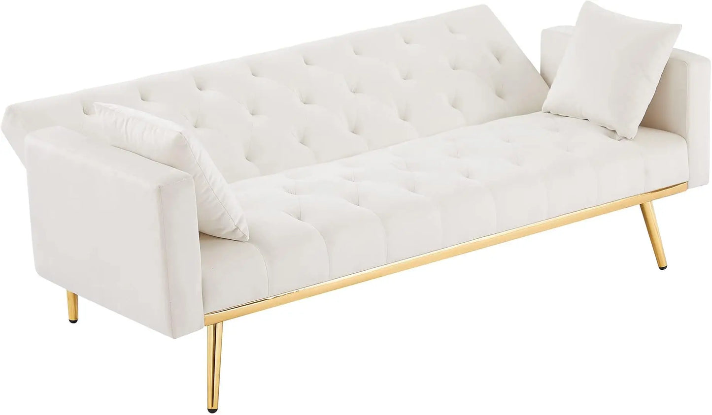 Convertible Velvet Futon Sofa Bed,Sleeper Sofa Couch with Two Pillows and Golden Metal Legs for Living Room