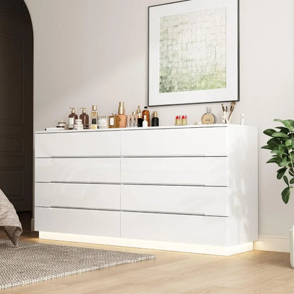 High Gloss Dresser with Lights,Modern Glossy Dresser, Chest of Drawers 8 Drawer Dresser, Contemporary Dressers for Bedroom White