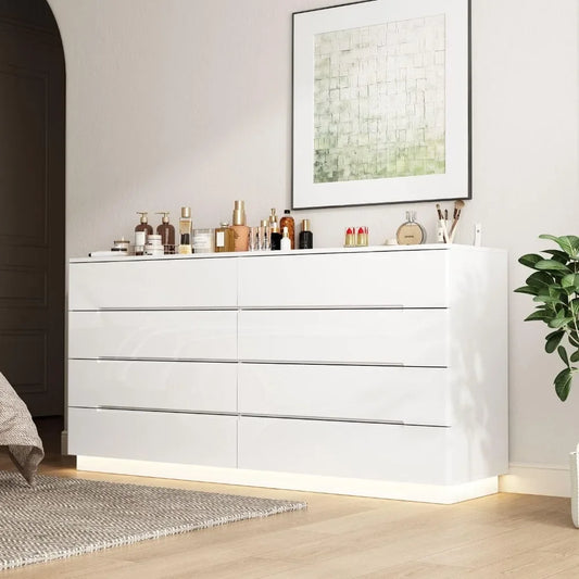 High Gloss Dresser with Lights,Modern Glossy Dresser, Chest of Drawers 8 Drawer Dresser, Contemporary Dressers for Bedroom White