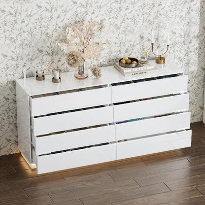 White 8 Drawer Dresser with LED Light