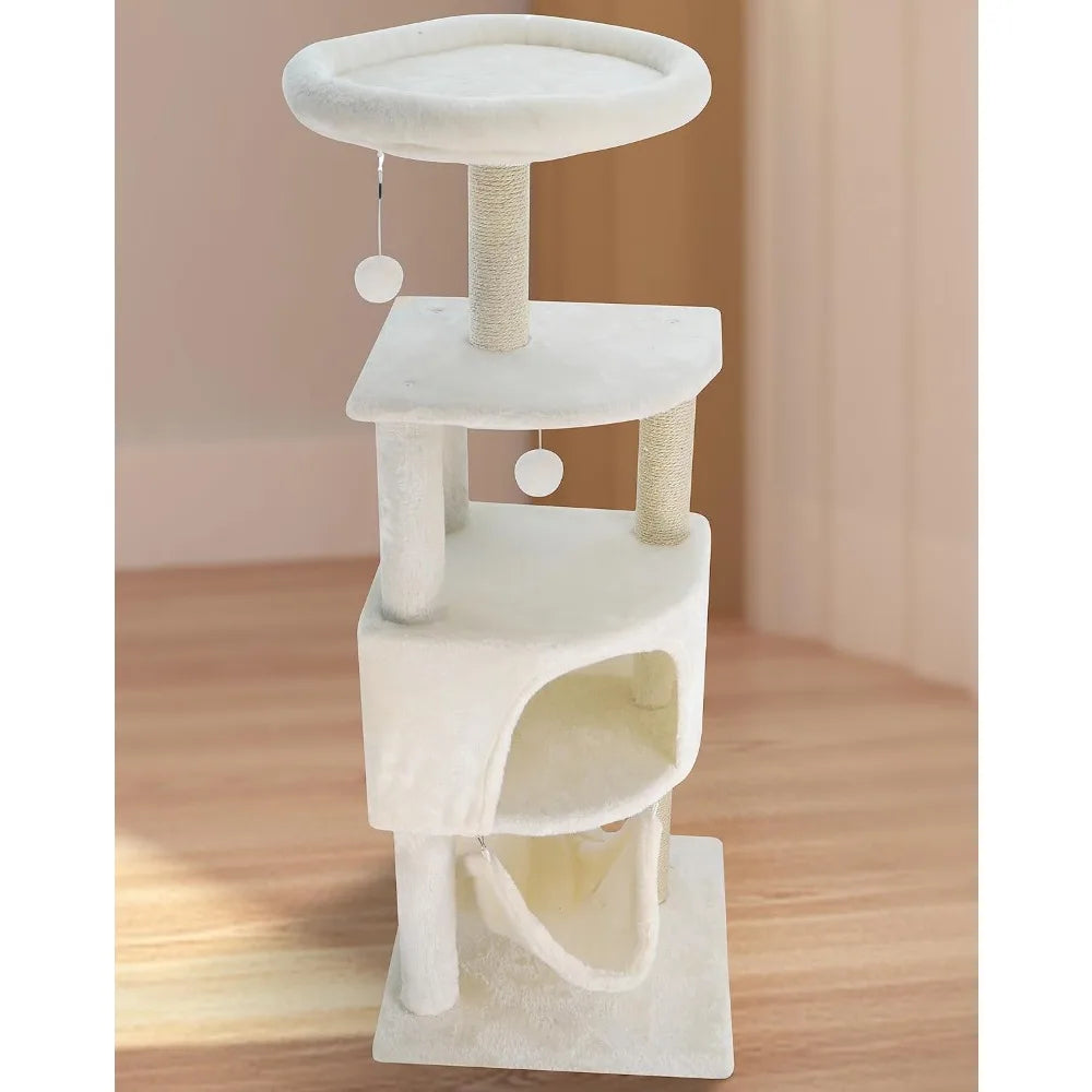 45in Cat Tree Tower for Indoor Cats with Scratching Post and Hanging Bed,Multi-Level Cat Furniture Activity Center Beige