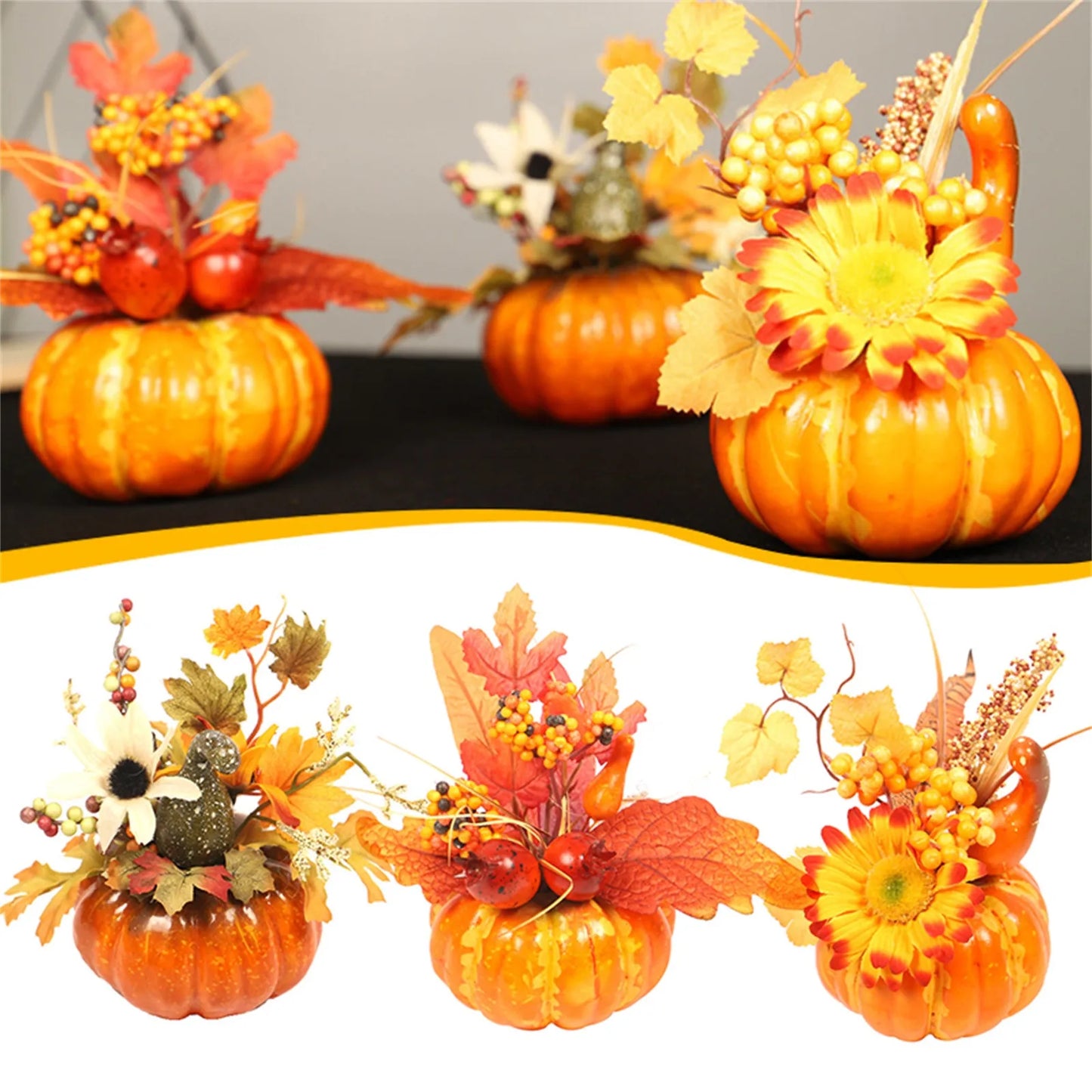 Fake Pumpkins With Artificial Flowers For Halloween House Party Thanksgiving Fall Ornaments Home Table Centerpiece Kitchen Decor